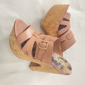 Sam Edelman Blush Leather Cork Wedge Slides with Buckle